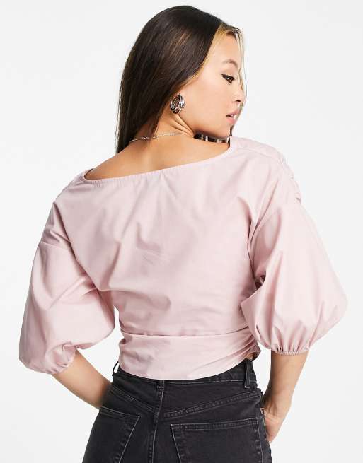 Top rosa cruzado con hombros caídos y mangas voluminosas de algodón de ASOS DESIGN, 3 de 4