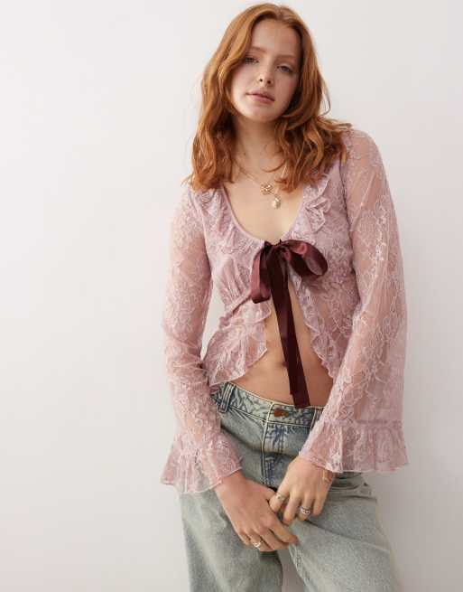 Top rosa de encaje con lazada delantera burdeos de Reclaimed Vintage