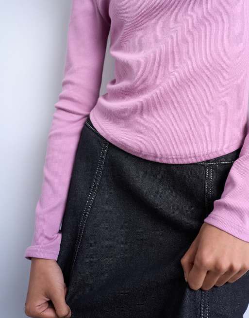 Top rosa de manga larga con bajo redondeado de canalé de Topshop, 3 de 4