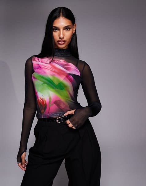 Top rosa de manga larga con estampado de peonía difuminado y cuello alto de malla Zadie de AFRM - view 1