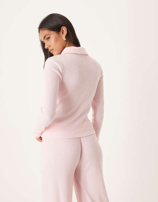 Top rosa de manga larga de canalé cepillado de ASOS DESIGN (parte de un conjunto), 4 de 4
