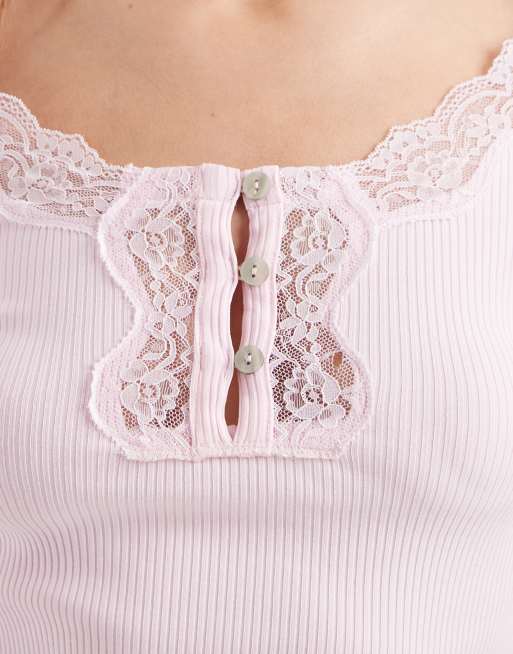 Top rosa de manga larga de canalé con inserto de encaje de Miss Selfridge, 3 de 4