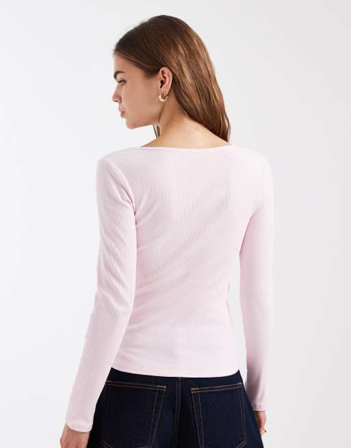 Top rosa de manga larga de canalé con inserto de encaje de Miss Selfridge, 4 de 4
