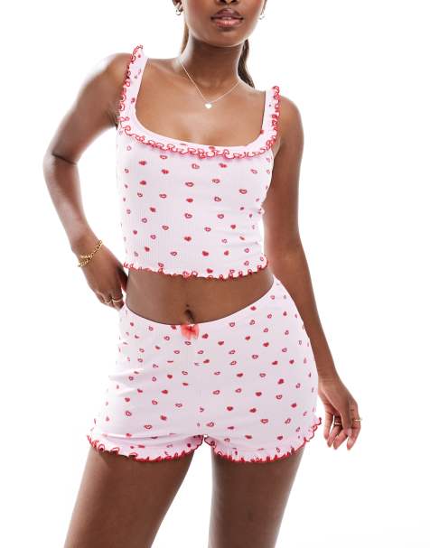 Top rosa de tirantes con estampado de corazones y volantes de canalé Cotton On (parte de un conjunto) - view 1