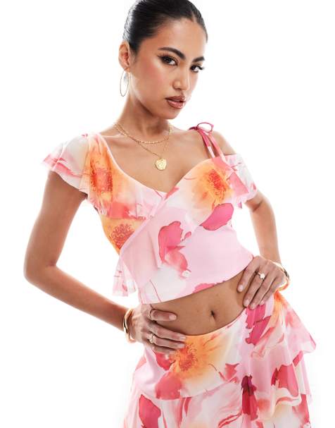 Top rosa de tirantes con estampado floral y volantes de malla de ASOS DESIGN (parte de un conjunto) - view 1