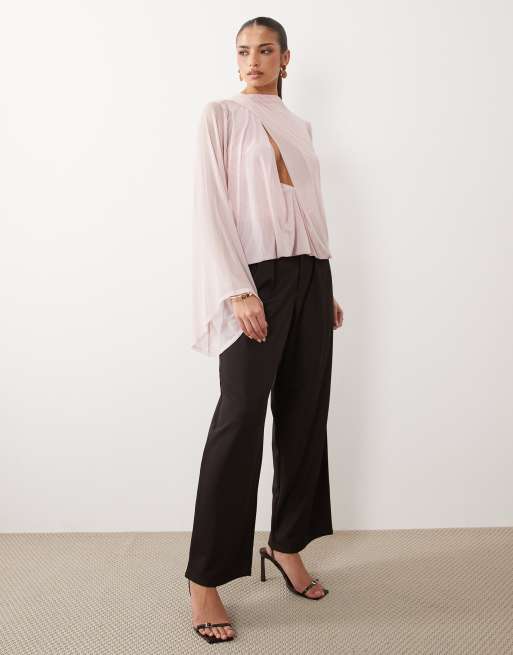 Top rosa estilo blusón drapeado con cuello desbocado de malla de ASOS DESIGN, 2 de 4