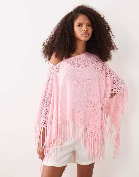 Top rosa estilo poncho con bajo de flecos de punto fino de Kiwi & Co - view 1