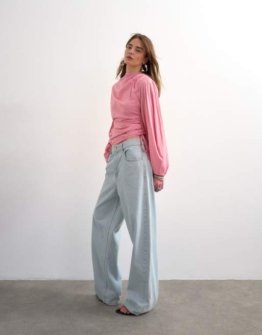 Top rosa fruncido de manga larga con lazada lateral de Topshop, 4 de 4