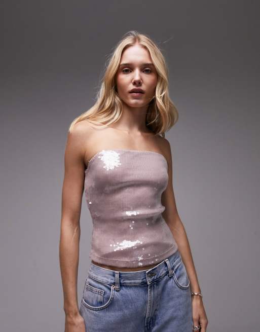 Top rosa palabra de honor de lentejuelas de Topshop