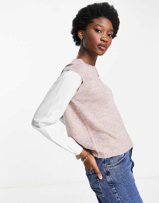 Top rosa pálido con diseño híbrido estilo chaleco de punto con mangas de camisa de JDY
