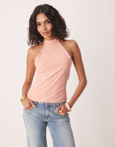 Top rosa pastel sin mangas ceñido con cuello subido y espalda de nadadora de ASOS DESIGN - view 1