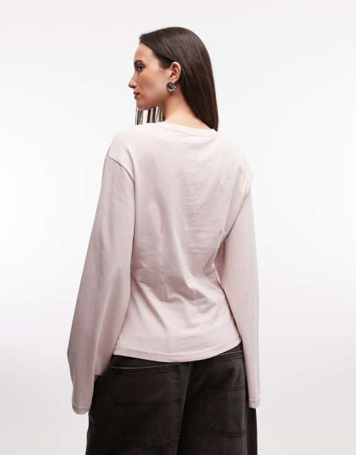 Top rosa polvoriento estructurado de manga larga con cintura entallada de punto liso de Monki, 3 de 4