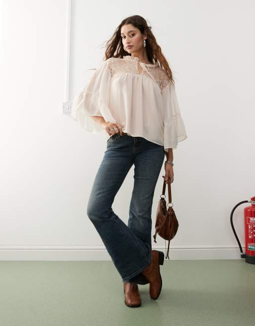 Top rosa rubor con mangas ángel de estilo bohemio de Reclaimed Vintage