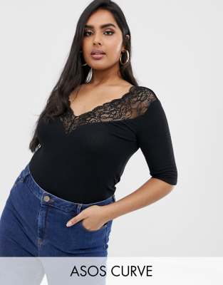 фото Топ с открытыми плечами и кружевной отделкой asos design curve-черный asos curve