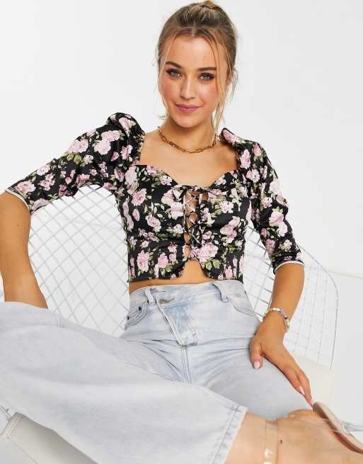 Top tipo corsé con estampado floral y lazada delantera de Miss Selfridge