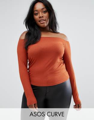 фото Топ в рубчик с открытыми плечами asos curve-оранжевый