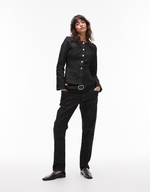 Top vaquero azul añil con botones, cuello barco y tintado marrón de ASOS DESIGN, 3 de 4