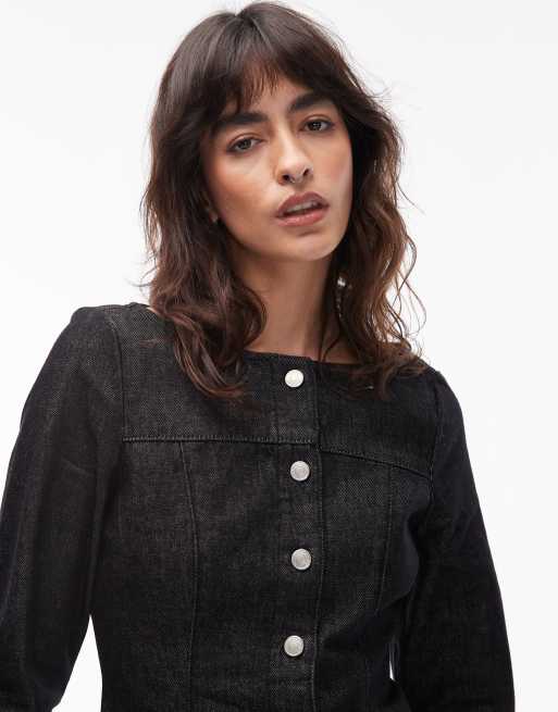 Top vaquero azul añil con botones, cuello barco y tintado marrón de ASOS DESIGN, 4 de 4