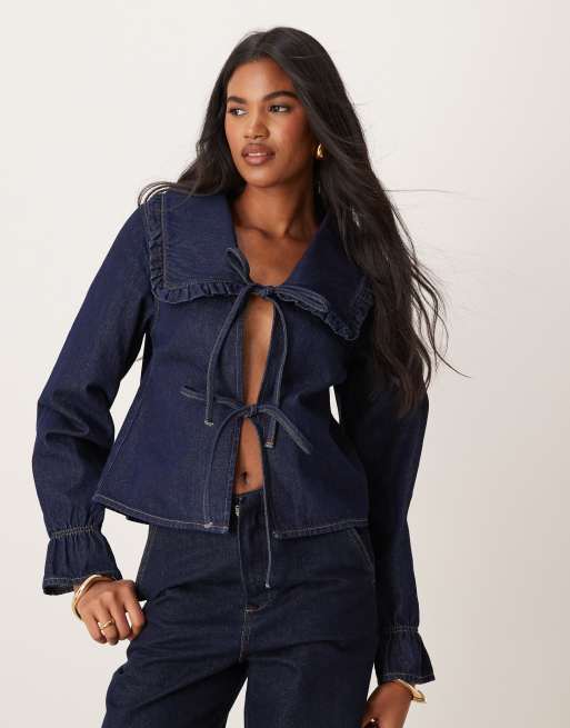 Top vaquero azul añil con volante en las solapas de ASOS DESIGN