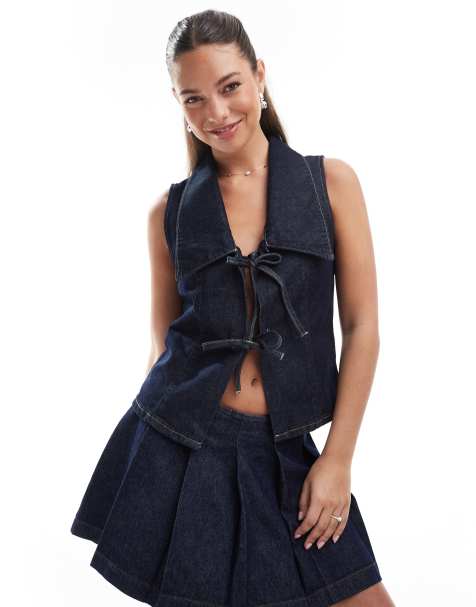 Top vaquero azul añil sin mangas con cuello de solapas y lazada delantera de ASOS DESIGN - view 1