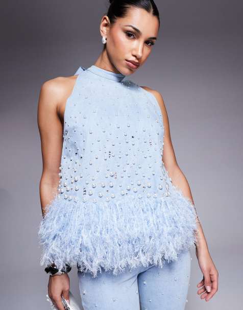 Top vaquero azul con adornos de perlas, lazo en la espalda y bajo de plumas sintéticas de ASOS LUXE (parte de un conjunto) - view 1