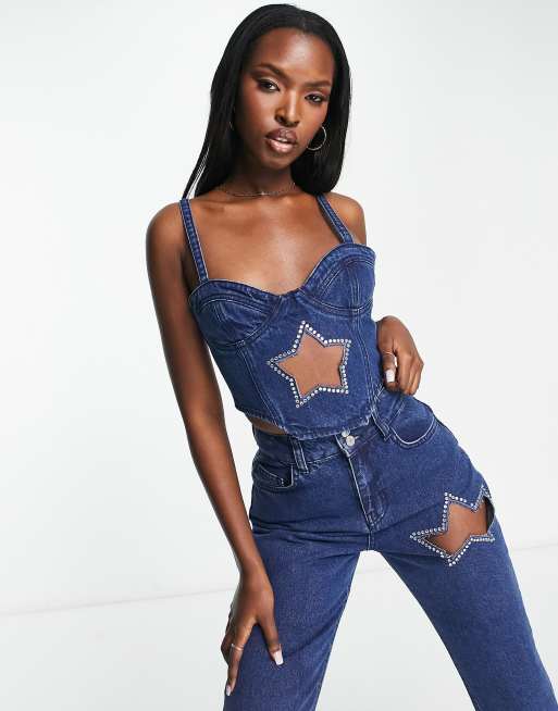 Top vaquero azul eléctrico estilo corsé con detalle de estrellas wéstern de ASYOU (parte de un conjunto) 