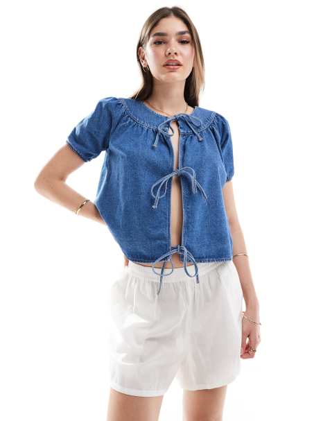 Top vaquero azul medio con vuelo y solapas de ASOS DESIGN - view 1