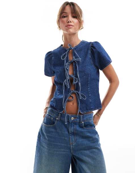 Top vaquero azul medio de manga corta con lazada delantera de ASOS DESIGN - view 1
