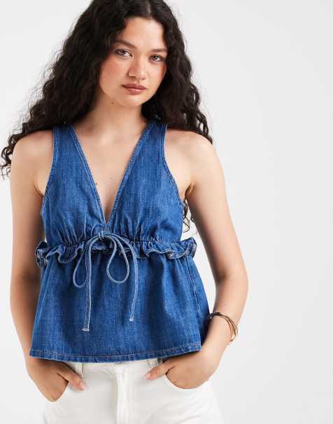 Top vaquero azul medio escotado con vuelo de ASOS DESIGN - view 1