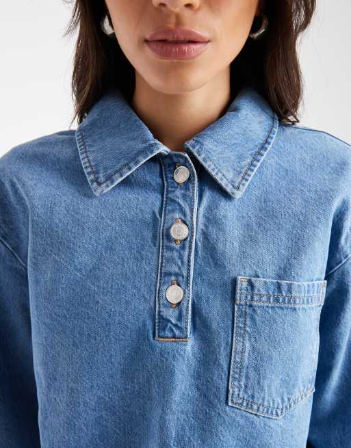 Top vaquero azul medio estilo polo de rugby con botones de ASOS DESIGN, 3 de 4