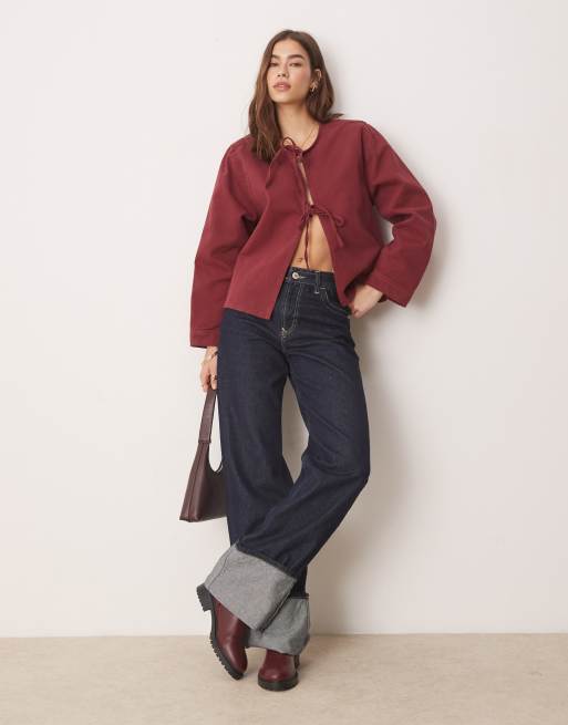 Top vaquero burdeos de manga larga con lazadas delanteras de ASOS DESIGN