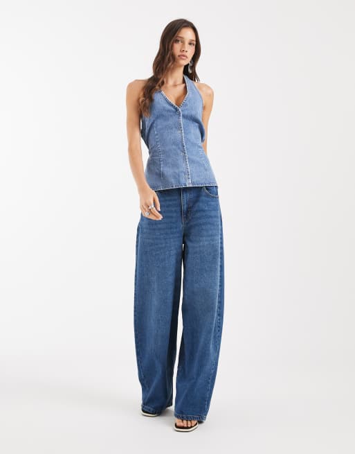 Top vaquero con lavado azul medio, cuello halter y lazada en la cintura de Object, 2 de 4