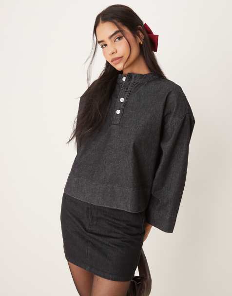 Top vaquero negro lavado con cuello panadero de ASOS DESIGN - view 1