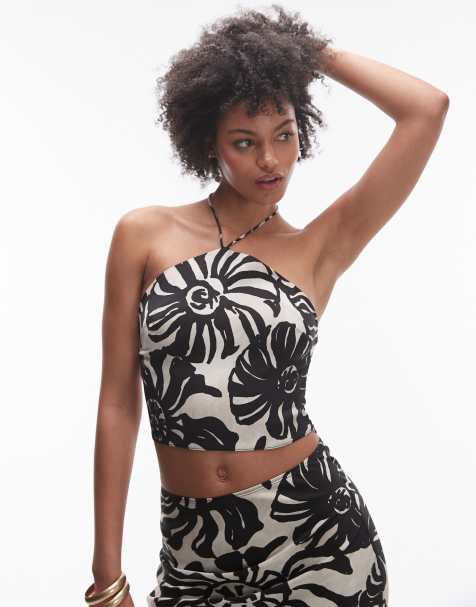 Top veraniego monocromático con cuello halter subido y estampado de helecho difuminado de satén de Topshop Tall (parte de un conjunto) - view 1