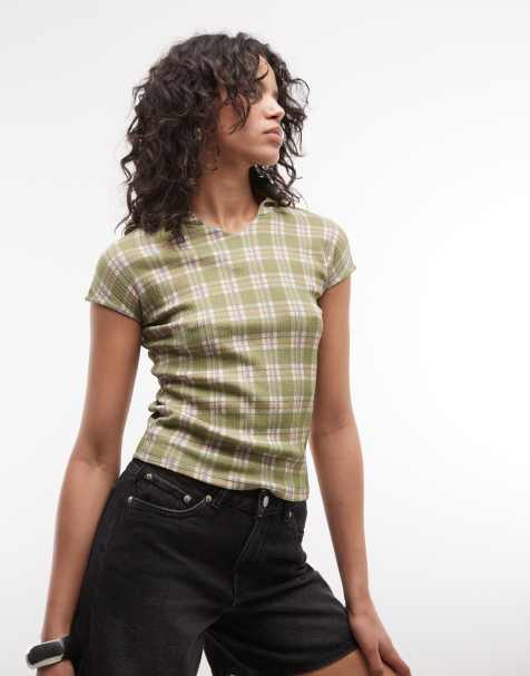 Top verde a cuadros de manga corta con detalle de solapas de Reclaimed Vintage - view 1