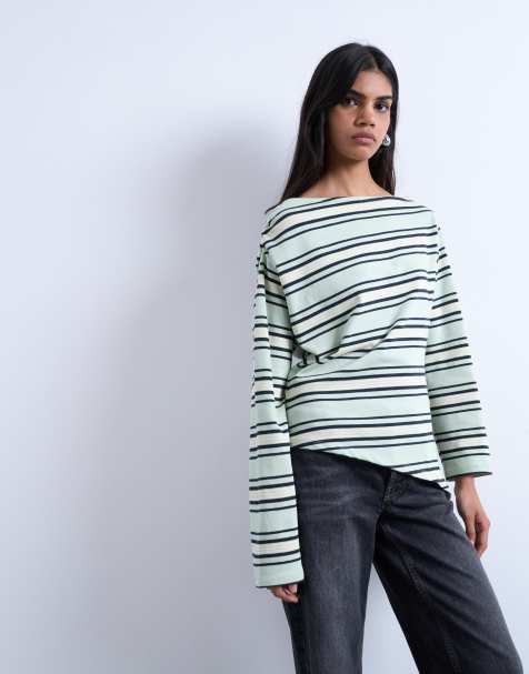 Top verde a rayas asimétrico de manga larga de punto liso de Topshop - view 1