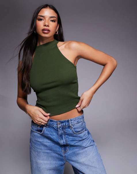 Top verde caqui con cuello de nadadora de canalé de algodón de ASOS DESIGN - view 1