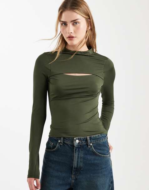 Top verde ceñido de manga larga con abertura de ASOS DESIGN - view 1