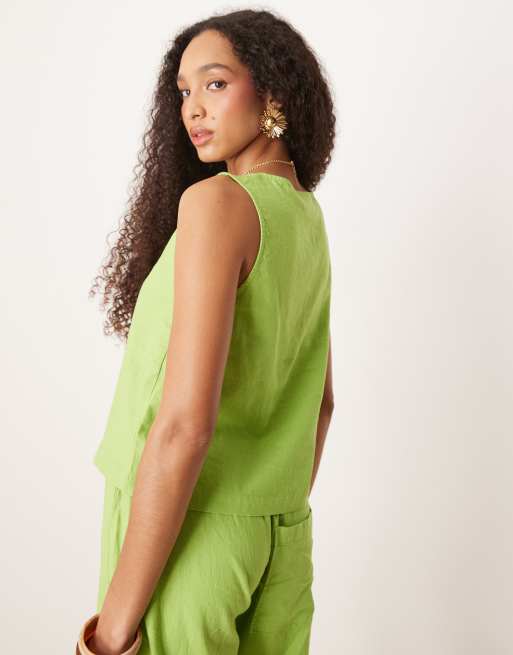 Top verde con cuello cuadrado de mezcla de lino de JJXX (parte de un conjunto), 4 de 4