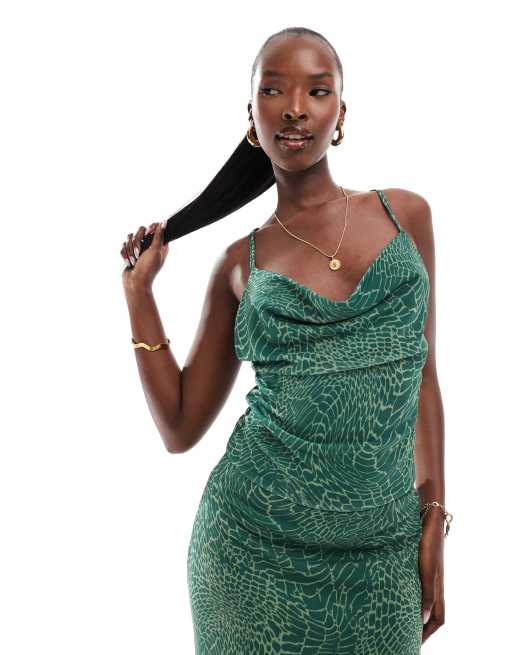 Top verde con cuello desbocado, estampado de serpiente y tirantes cruzados en la espalda de malla de ASOS DESIGN (parte de un conjunto)