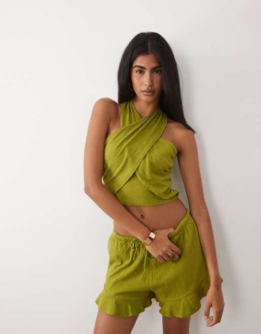Top verde con cuello halter cruzado de tejido efecto rugoso de algodón Mix & Match de ASOS DESIGN, 3 de 4