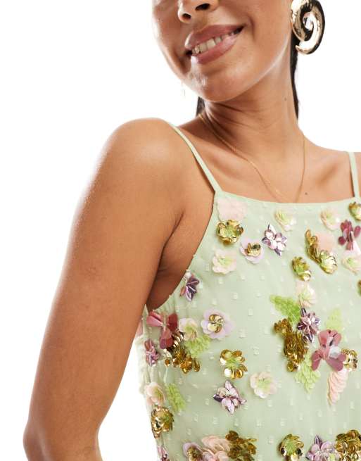 Top verde con diseño floral de abalorios y detalle en la espalda de ASOS DESIGN (parte de un conjunto), 3 de 4