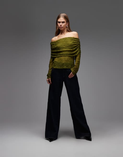 Top verde con escote Bardot plegado de encaje de ASOS DESIGN, 2 de 4