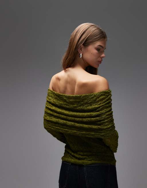 Top verde con escote Bardot plegado de encaje de ASOS DESIGN, 4 de 4