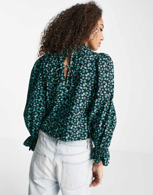 Top verde con mangas abullonadas y estampado floral de popelina de Topshop, 3 de 4
