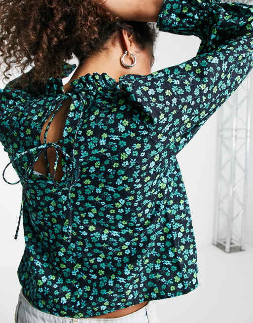 Top verde con mangas abullonadas y estampado floral de popelina de Topshop, 4 de 4