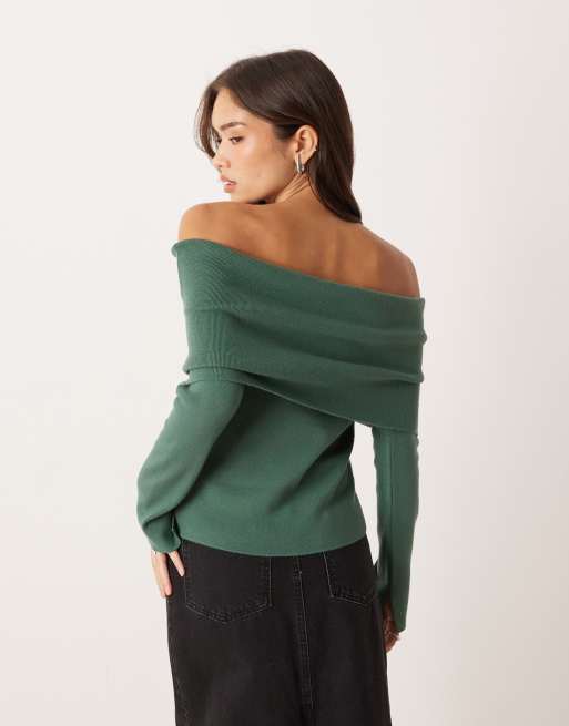 Top verde de corte slim con escote Bardot y diseño estructurado de punto suave de ASOS DESIGN, 4 de 4