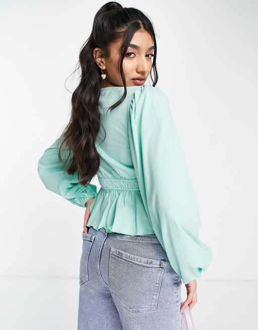 Top verde de manga larga con cintura fruncida de ASOS DESIGN, 2 de 4