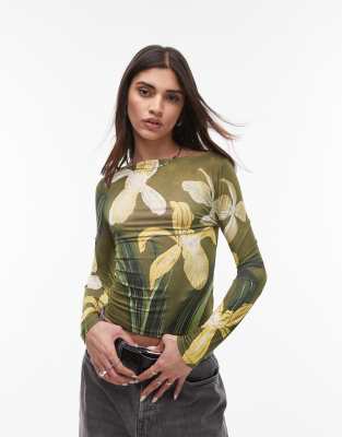 Top verde de manga larga con estampado floral de microfibra de Topshop - view 1