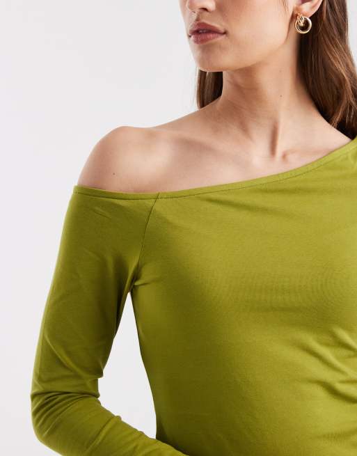 Top verde de manga larga con hombro caído de algodón de ASOS DESIGN, 3 de 4
